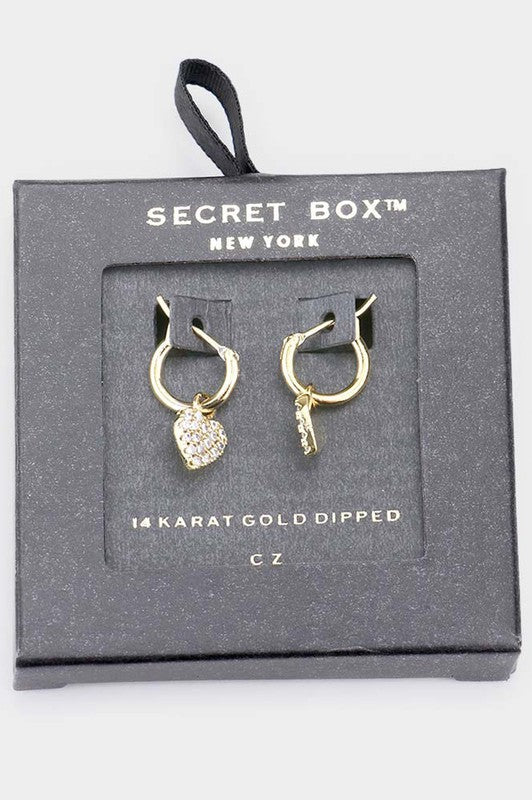 Secret Box CZ Heart Drop Huggie Earrings